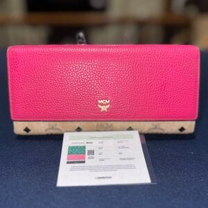 Authentic MCM Visetos Wallet Hot Pink Pebbles Leather CheckCheck COA